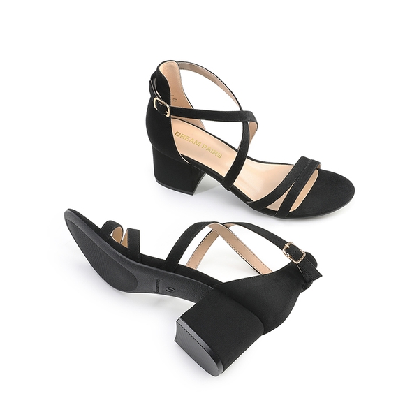 Ankle Strap Low Block Heels - BLACK - 4