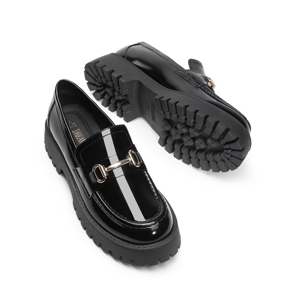 Slip Resistant  Platform Chunky Penny Loafers - BLACK-PATENT - 5