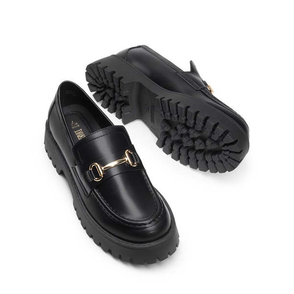 Slip Resistant  Platform Chunky Penny Loafers - BLACK-PU - 5