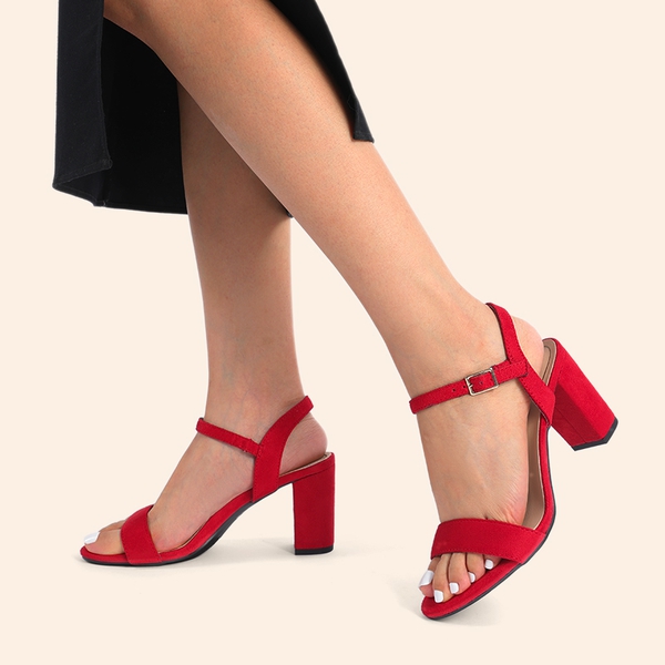 Minimalist Vegan Leather Block Heel Sandals - RED - 7
