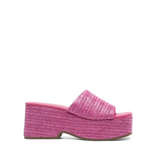 Raffia Platform Wedge Slide Sandals - HOT PINK - 1