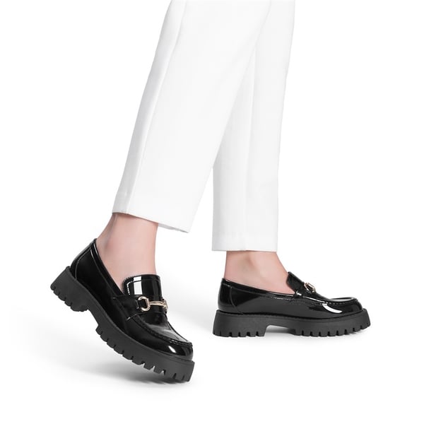 Slip Resistant  Platform Chunky Penny Loafers - BLACK-PATENT - 7