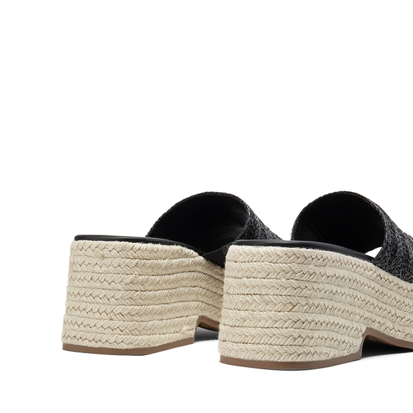 Raffia Platform Wedge Slide Sandals - BLACK - 3