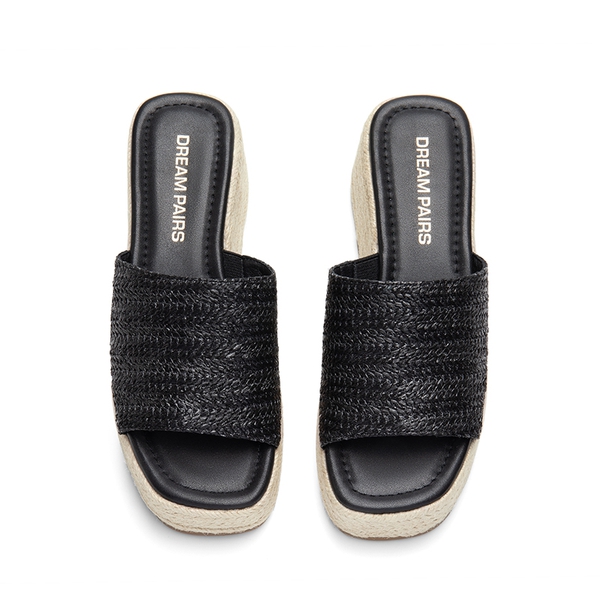 Raffia Platform Wedge Slide Sandals - BLACK - 4
