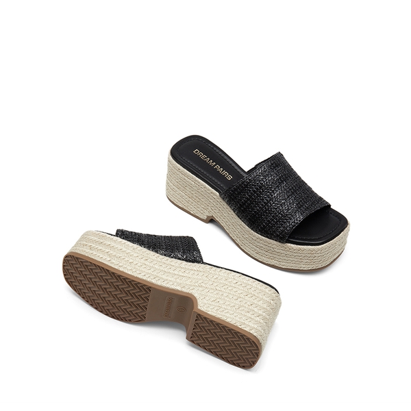 Raffia Platform Wedge Slide Sandals - BLACK - 2