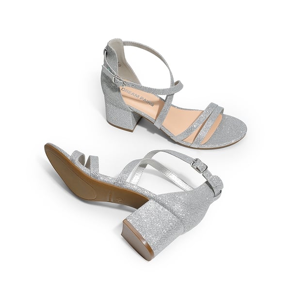 Ankle Strap Low Block Heels - SILVER - 4