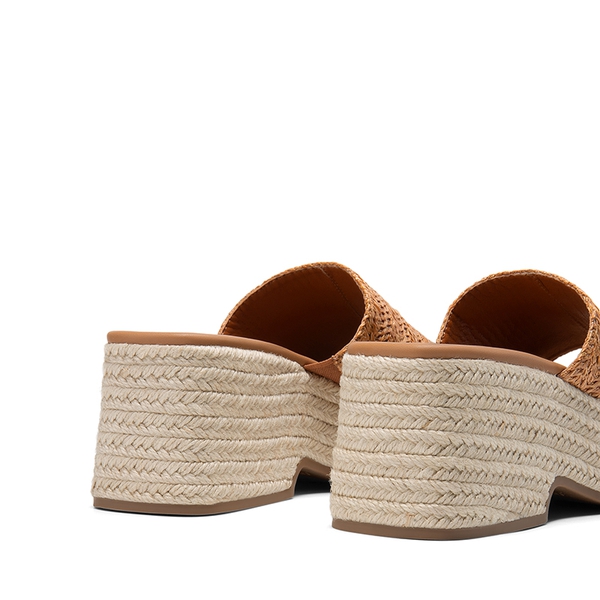 Raffia Platform Wedge Slide Sandals - BROWN - 3