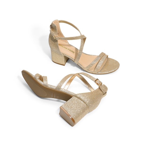 Ankle Strap Low Block Heels - GOLD - 4