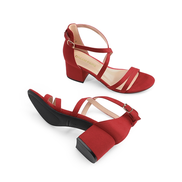 Ankle Strap Low Block Heels - RED - 4