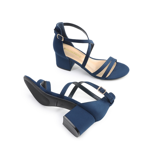 Ankle Strap Low Block Heels - NAVY - 4