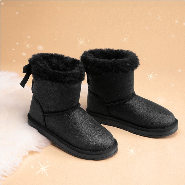 [FuzzyChic TeddyCozy] Kid's Suede Bow Snow Boots - BLACK/GLITTER - 3
