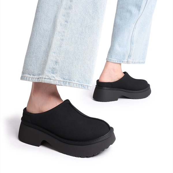 Faux Suede Slip-on Mules - BLACK - 5