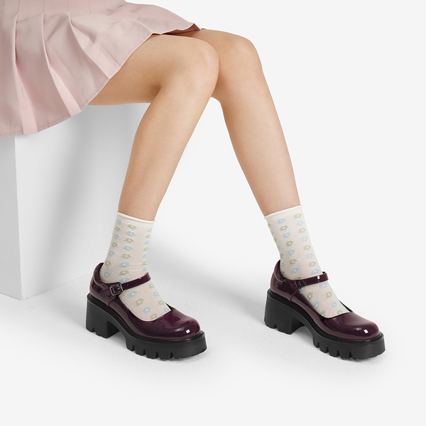 Chunky Platform Mary Jane Pumps - BURGUNDY-PAT - 6