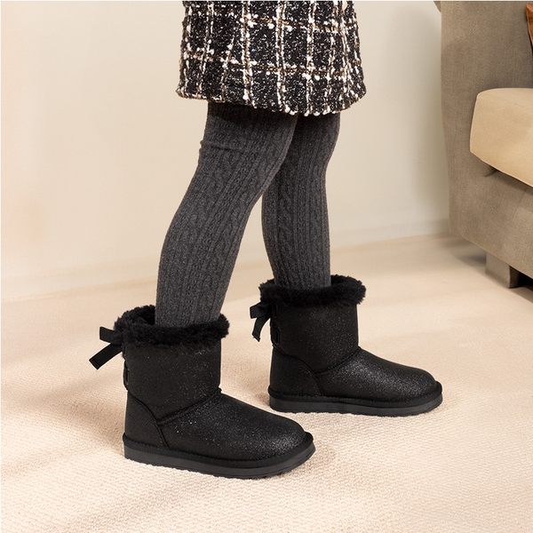 [FuzzyChic TeddyCozy] Kid's Suede Bow Snow Boots - BLACK/GLITTER - 4