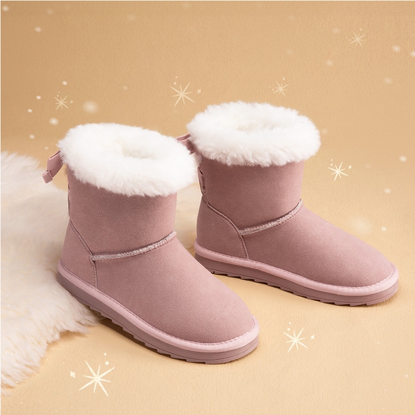 [FuzzyChic TeddyCozy] Kid's Suede Bow Snow Boots - PINK - 3