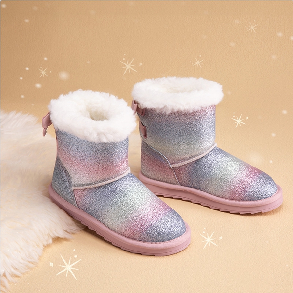[FuzzyChic TeddyCozy] Kid's Suede Bow Snow Boots - RAINBOW/GLITTER - 3