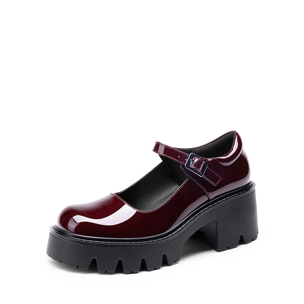 Chunky Platform Mary Jane Pumps - BURGUNDY-PAT -  0
