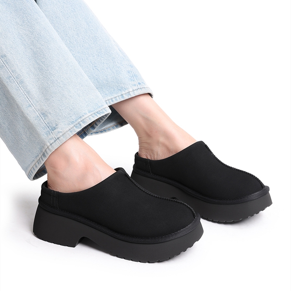 Faux Suede Slip-on Mules - BLACK - 6