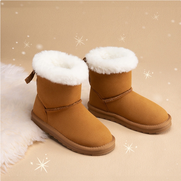 FuzzyChic Kid's Suede Bow Snow Boots - CHESTNUT - 3