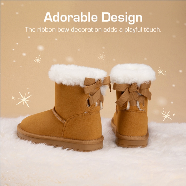 FuzzyChic Kid's Suede Bow Snow Boots - CHESTNUT - 1