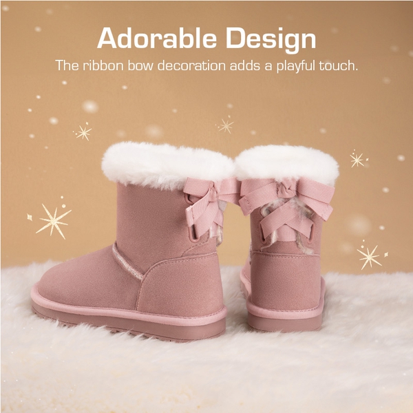 [FuzzyChic TeddyCozy] Kid's Suede Bow Snow Boots - PINK - 1