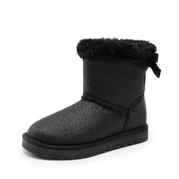[FuzzyChic TeddyCozy] Kid's Suede Bow Snow Boots - BLACK/GLITTER -  0