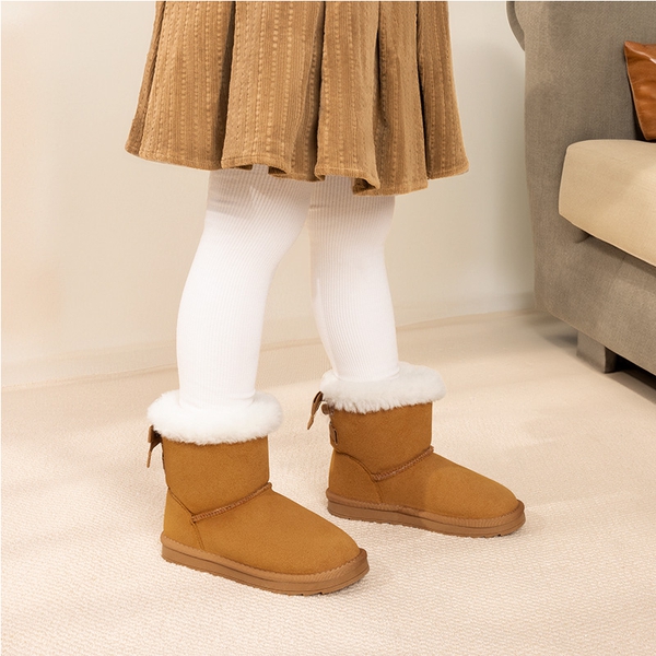 FuzzyChic Kid's Suede Bow Snow Boots - CHESTNUT - 4