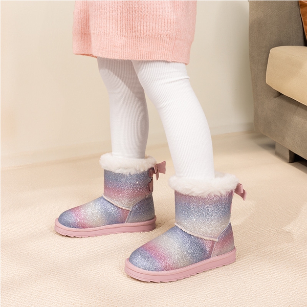 [FuzzyChic TeddyCozy] Kid's Suede Bow Snow Boots - RAINBOW/GLITTER - 4