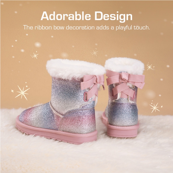 [FuzzyChic TeddyCozy] Kid's Suede Bow Snow Boots - RAINBOW/GLITTER - 1