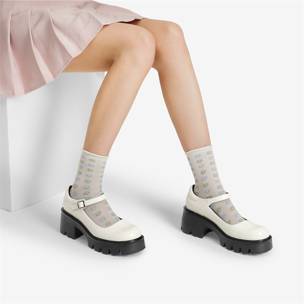 Mary Jane Block Heel Pumps - WHITE - 4