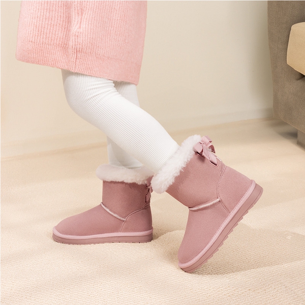 [FuzzyChic TeddyCozy] Kid's Suede Bow Snow Boots - PINK - 4