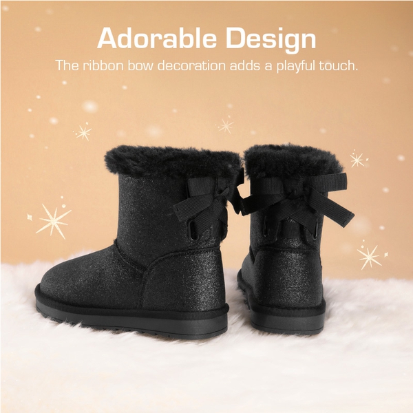 [FuzzyChic TeddyCozy] Kid's Suede Bow Snow Boots - BLACK/GLITTER - 1