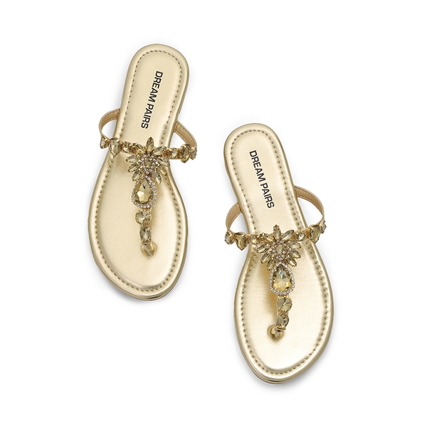 Women’s Rhinestone Thong Flip-Flop Sandals - GOLD - 1