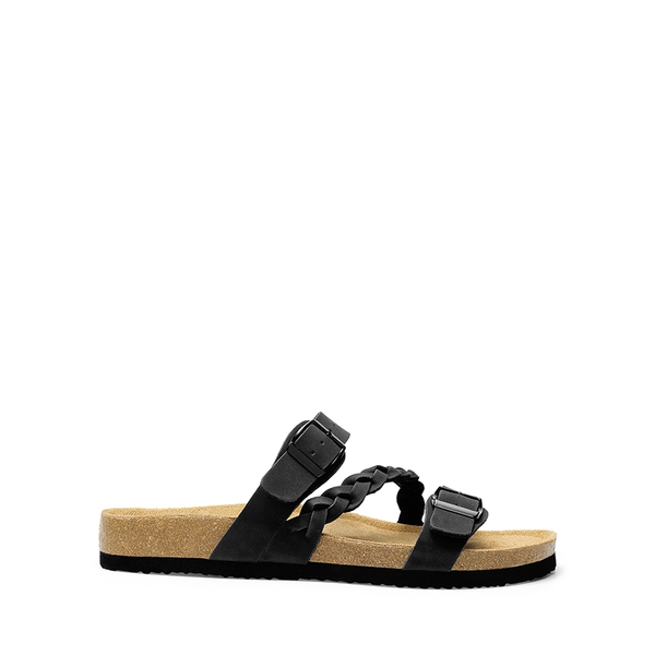 Adjustable Vegan Leather Slide Sandals - BLACK - 3