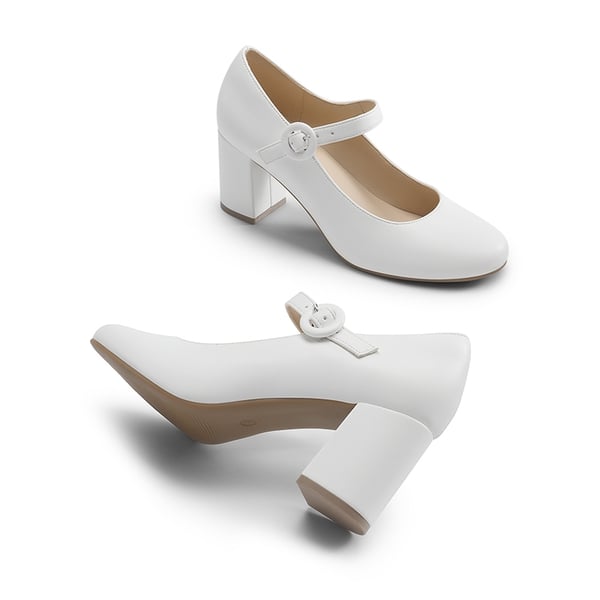 Vegan Leather Mary Jane Pumps - WHITE - 2
