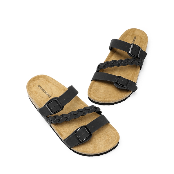 Adjustable Vegan Leather Slide Sandals - BLACK - 7