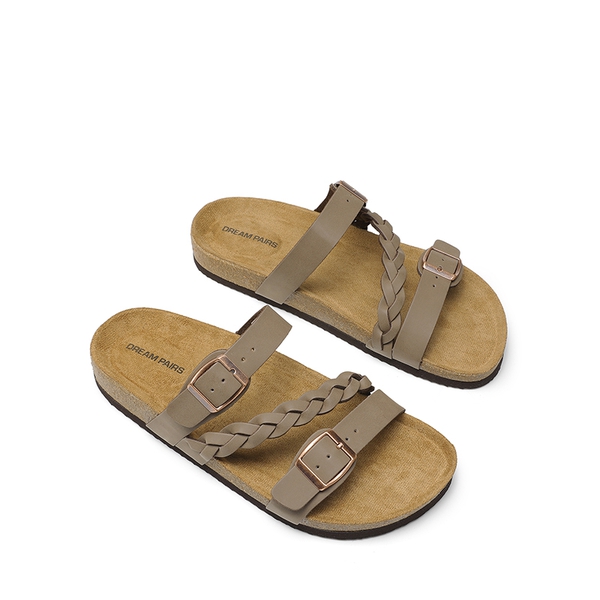 Adjustable Vegan Leather Slide Sandals - BROWN - 4