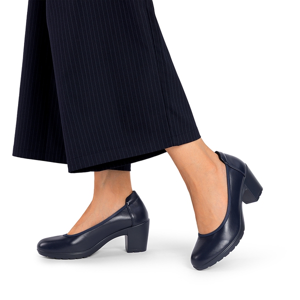 Wide-Toe Arch Support Block Heel Pumps - NAVY BLUE - 7