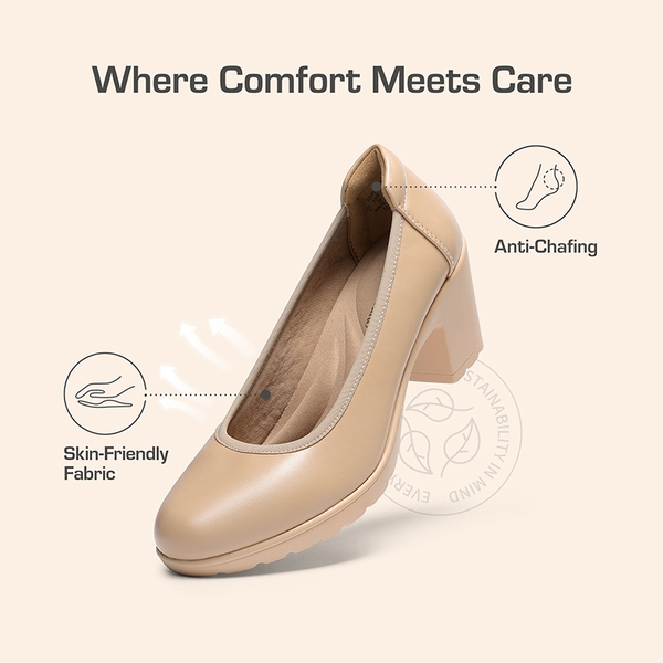 Wide-Toe Arch Support Block Heel Pumps - NUDE - 5