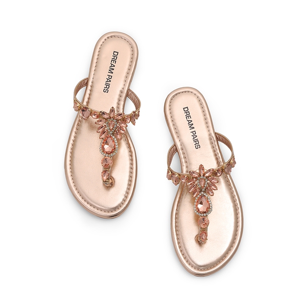 Women’s Rhinestone Thong Flip-Flop Sandals - CHAMPAGNE - 1