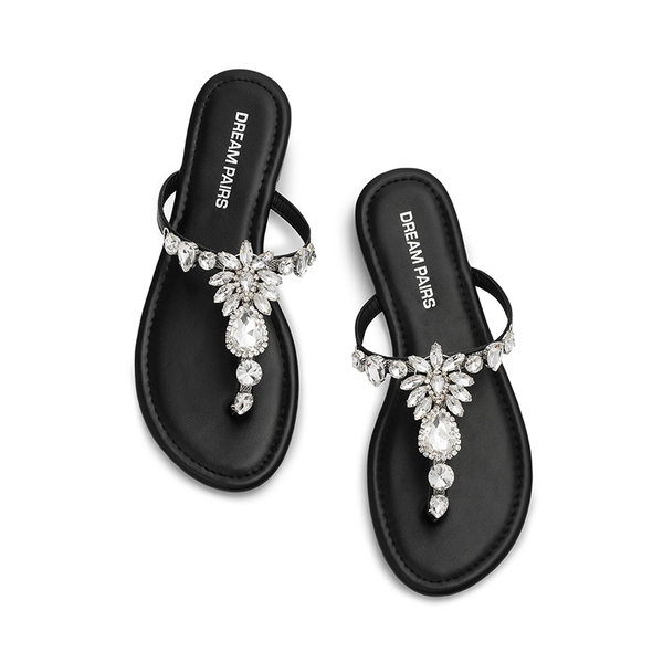 Women’s Rhinestone Thong Flip-Flop Sandals - BLACK - 1