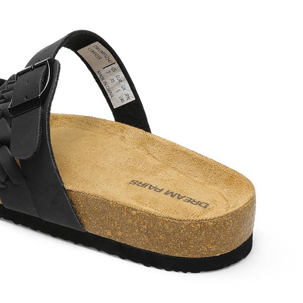 Adjustable Vegan Leather Slide Sandals - BLACK - 6