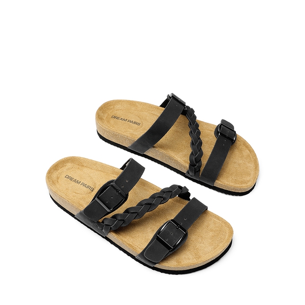 Adjustable Vegan Leather Slide Sandals - BLACK - 4