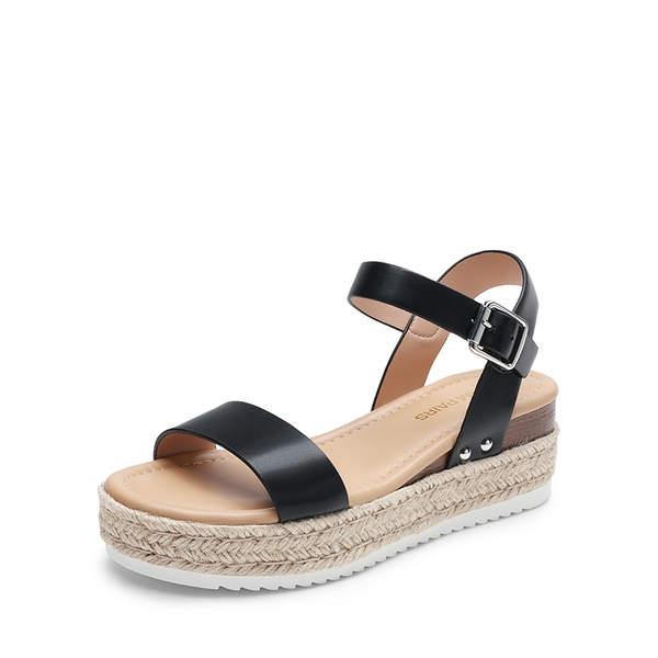 Buckle Jute Wedge Heel Sandals - BLACK -  0