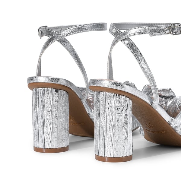 Ankle Strap Bow Block Heel Sandals - SILVER - 3