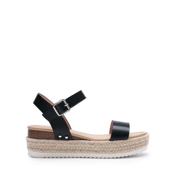 Buckle Jute Wedge Heel Sandals - BLACK - 1