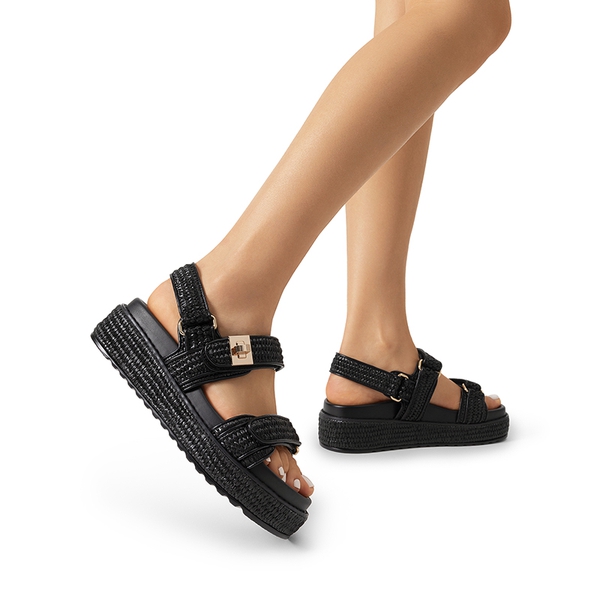 Comfort Arch Support Platform Casual Sandals - BLACK-RAFFIA - 7