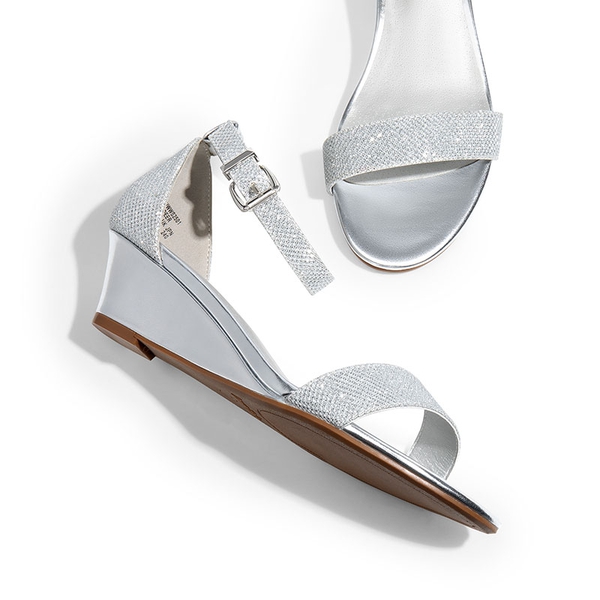 Wide-Toe Ankle Strap Low Wedge Sandals - SILVER - 3
