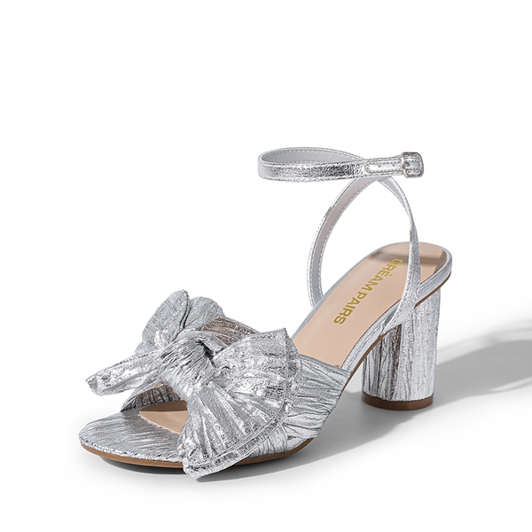 Ankle Strap Bow Block Heel Sandals - SILVER -  0