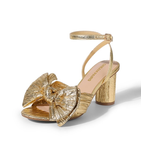 Ankle Strap Bow Block Heel Sandals - GOLD -  0